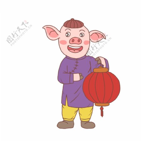猪年卡通手绘猪人拿灯笼