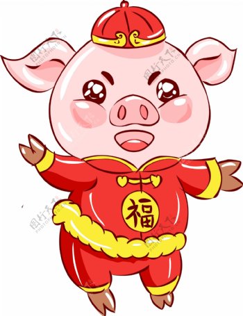 2019猪年新年红红火火手绘卡通吉祥福字猪猪