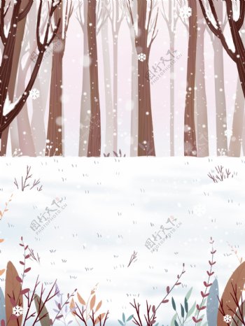 手绘冬季树林雪景背景素材