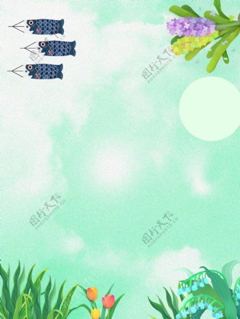 日本奈良手绘绿色植物插画背景