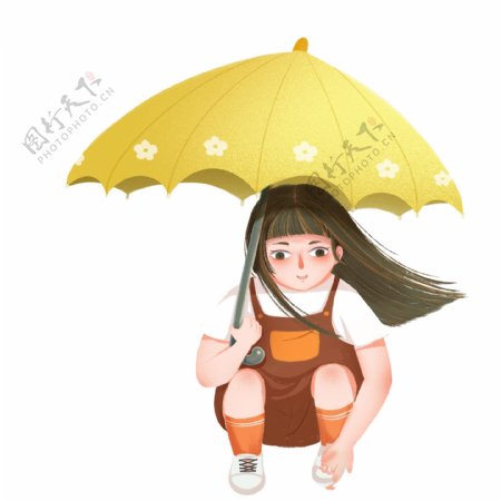 手绘小清新撑着雨伞的女孩
