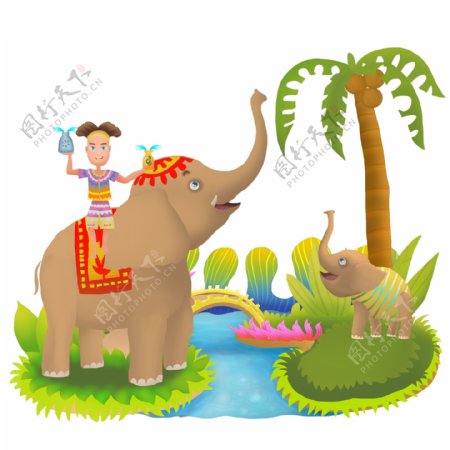 可商用高清手绘泼水节大象与小象同欢乐