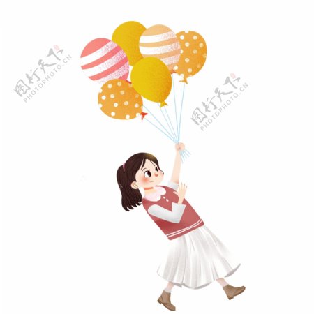 卡通可爱拿着一束气球的女孩子