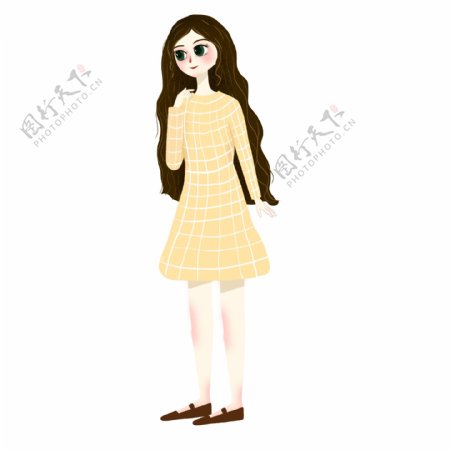文艺小清新穿着黄色格子裙的少女设计