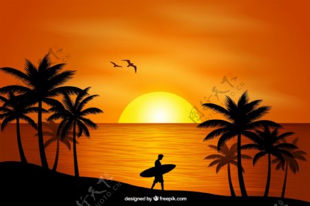 创意夕阳沙滩上拿冲浪板男子剪影