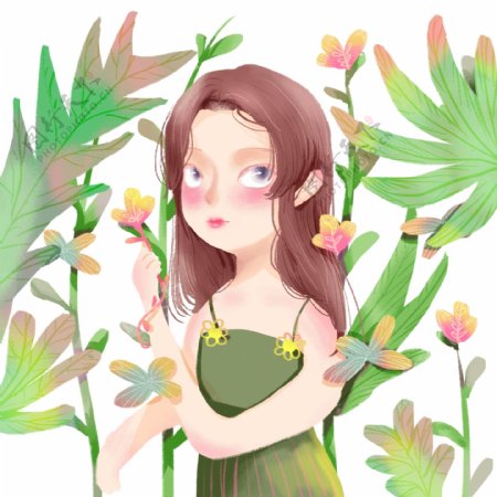 蓝眼睛的小女孩和春季绿植插画元素