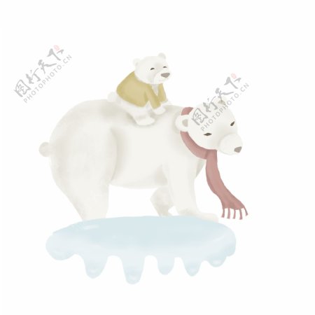 北极熊背着小北极熊在冰面行走母爱元素