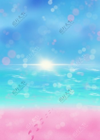 原创浪漫粉色沙滩海边背景图