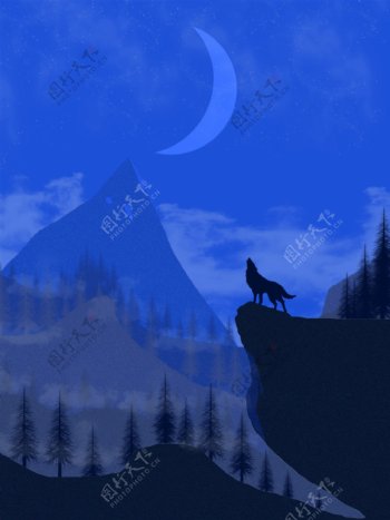 狼夜晚星空月圆四月通用背景