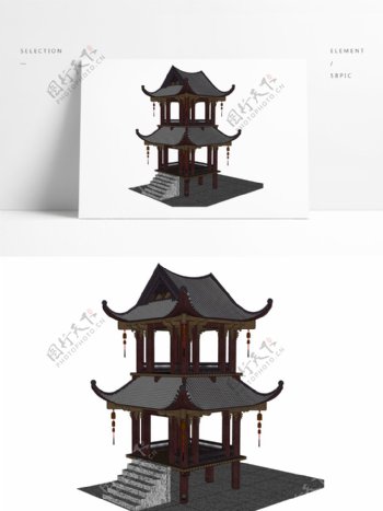 中式亭子草图模型