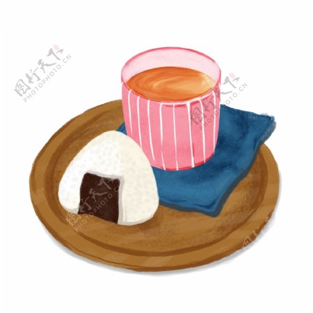 清新日式饭团红色茶杯配茶手绘元素