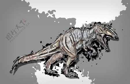 纯手绘咆哮的恐龙喷墨插画