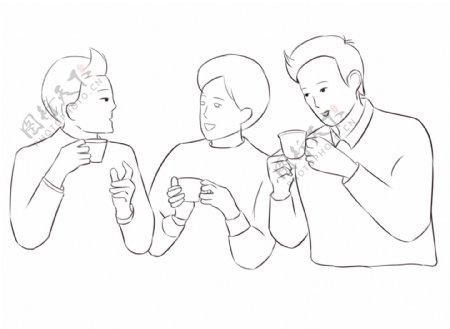 三人喝茶养生交流公司同事手绘卡通
