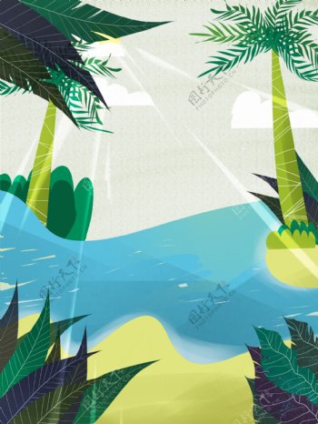 手绘夏季椰树海滩背景设计