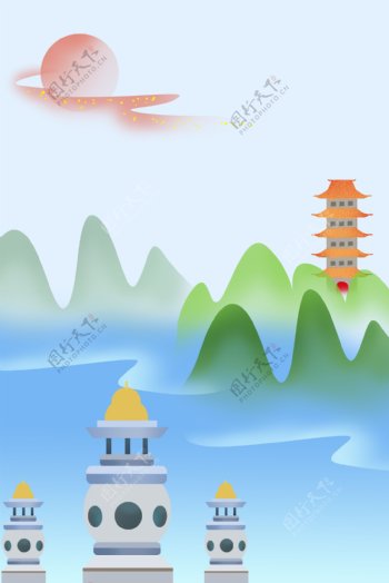 唯美小清新简约杭州西湖旅游海报背景素材