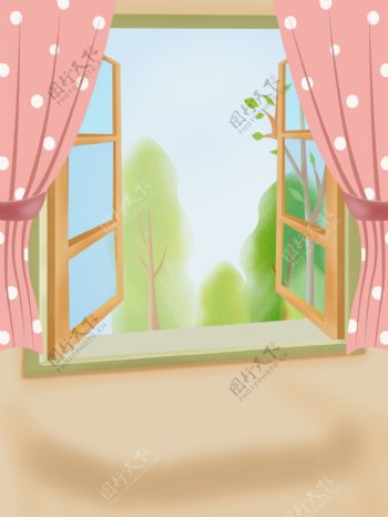 粉色窗外风景居家插画背景