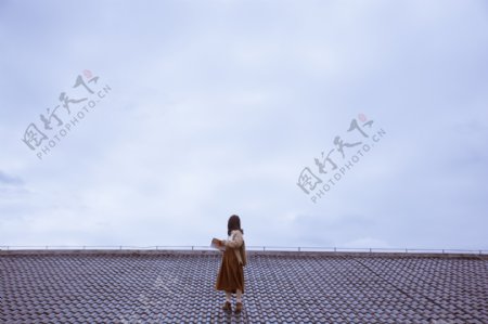 楼顶上站立眺望的女孩