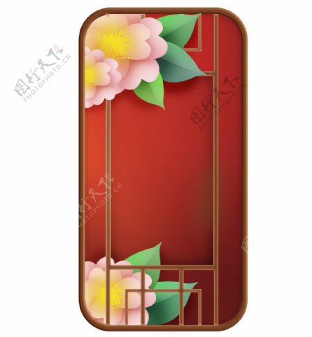中国风红色窗子和花朵窗框