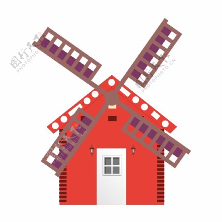 红色房子和大风车插画