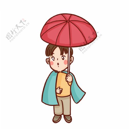 卡通可爱穿着雨衣撑着雨伞的小男孩