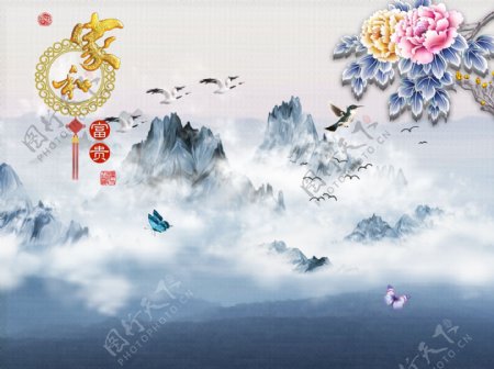 新中式山水花朵背景墙