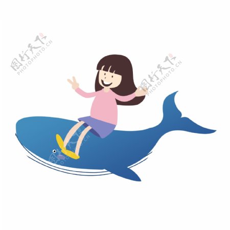坐在蓝鲸上的女孩图案设计
