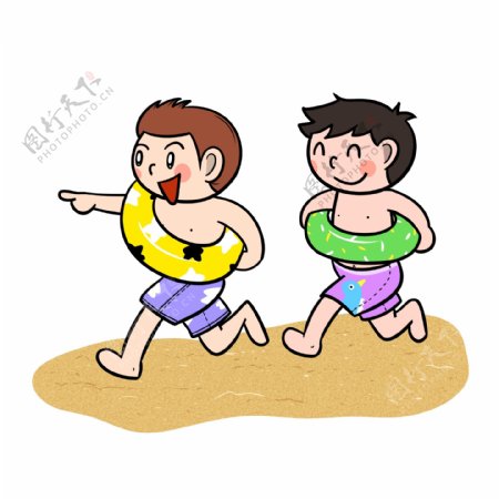 卡通夏季儿童沙滩追闹png透明底
