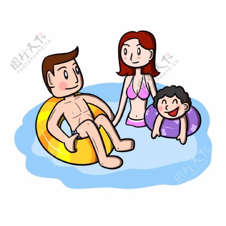 卡通夏季全家人游泳嬉闹png透明底