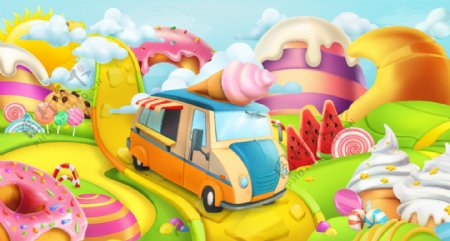 卡通动漫糖果世界和甜品车插画