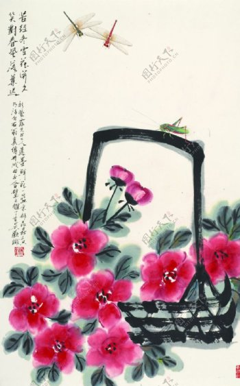 手绘一篮红花蜻蜓和花