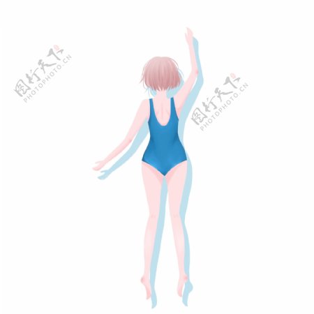 清新卡通穿着蓝色泳衣游泳的女孩