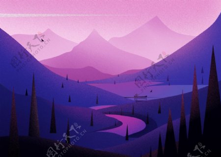 紫色卡通山水背景