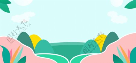 粉绿色树林远山电商banner背景设计