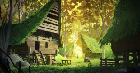 森林木屋彩色插画风景
