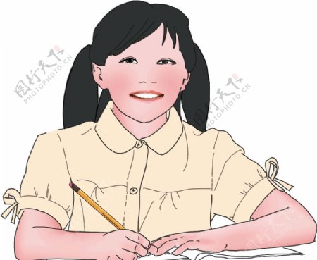 小学生写作业微笑角色插画