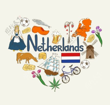 荷兰旅游手绘元素
