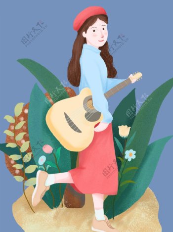 插画女孩与吉他