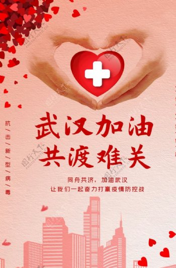 武汉加油爱心红色扁平海报