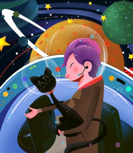 卡通宇宙太空人与猫咪