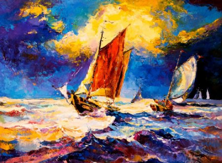帆船油画