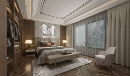 新中式卧室渲染图三维合