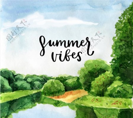 水彩绘夏季湖边风景矢量素材