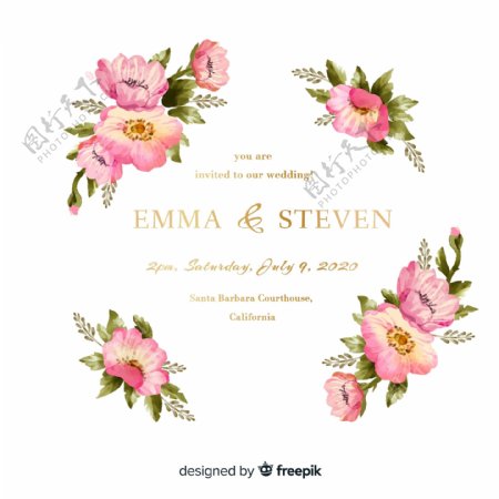 粉色花卉花环婚礼海报设计