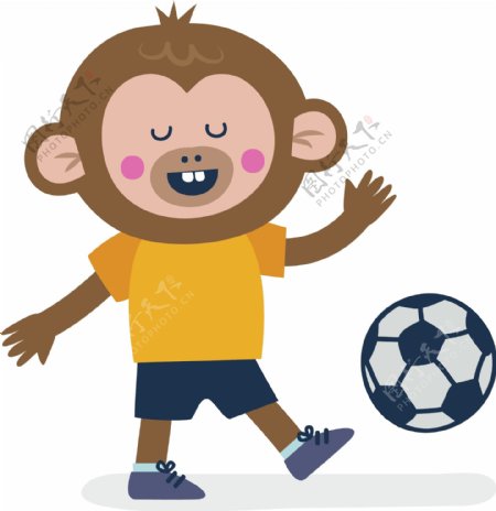 可爱卡通动物小猴子踢足球矢量
