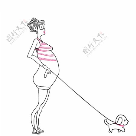 原创手绘牵狗的孕妇