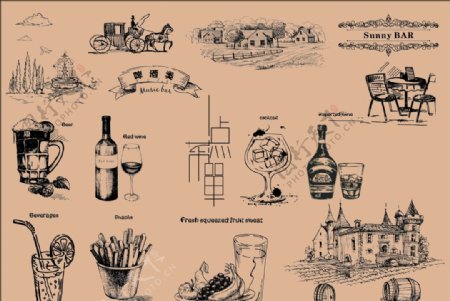 酒水菜单素材线条画素描画