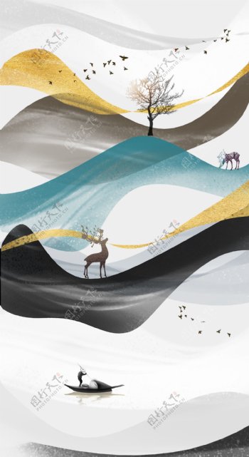 中式抽象线条麋鹿装饰画
