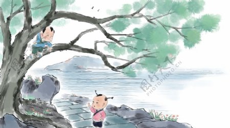 爬树玩耍儿童国风插画卡通背景