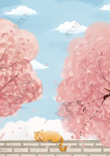 樱花粉色小猫卡通插画背景素材