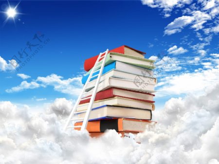蓝天下白云上的书本阶梯
